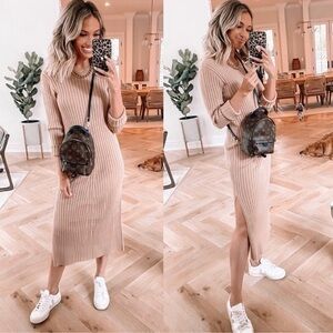 NWT WAYF DEDE & EMILY BFF COLLECTION CAMEL RIBBED MIDI DRESS - Size XS SKU:352